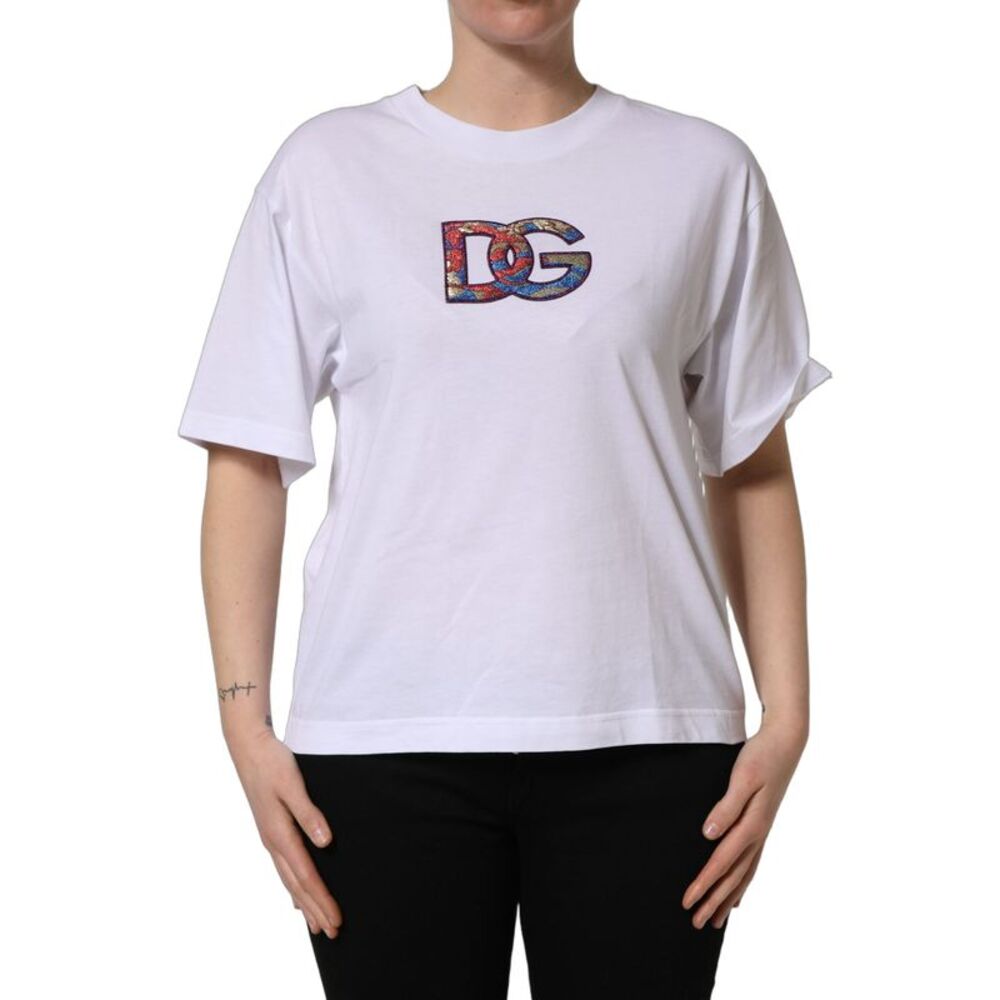 Dolce & Gabbana White Cotton DG Logo Patch Crew Neck Women's T-shirt
